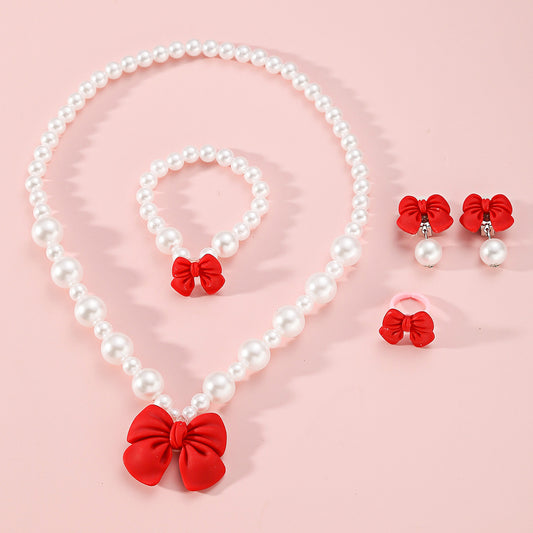 Cute Bow-Shaped Children's Necklace Set with Resin Pendant and Beaded Chain for Girls Aged 3-10 Years