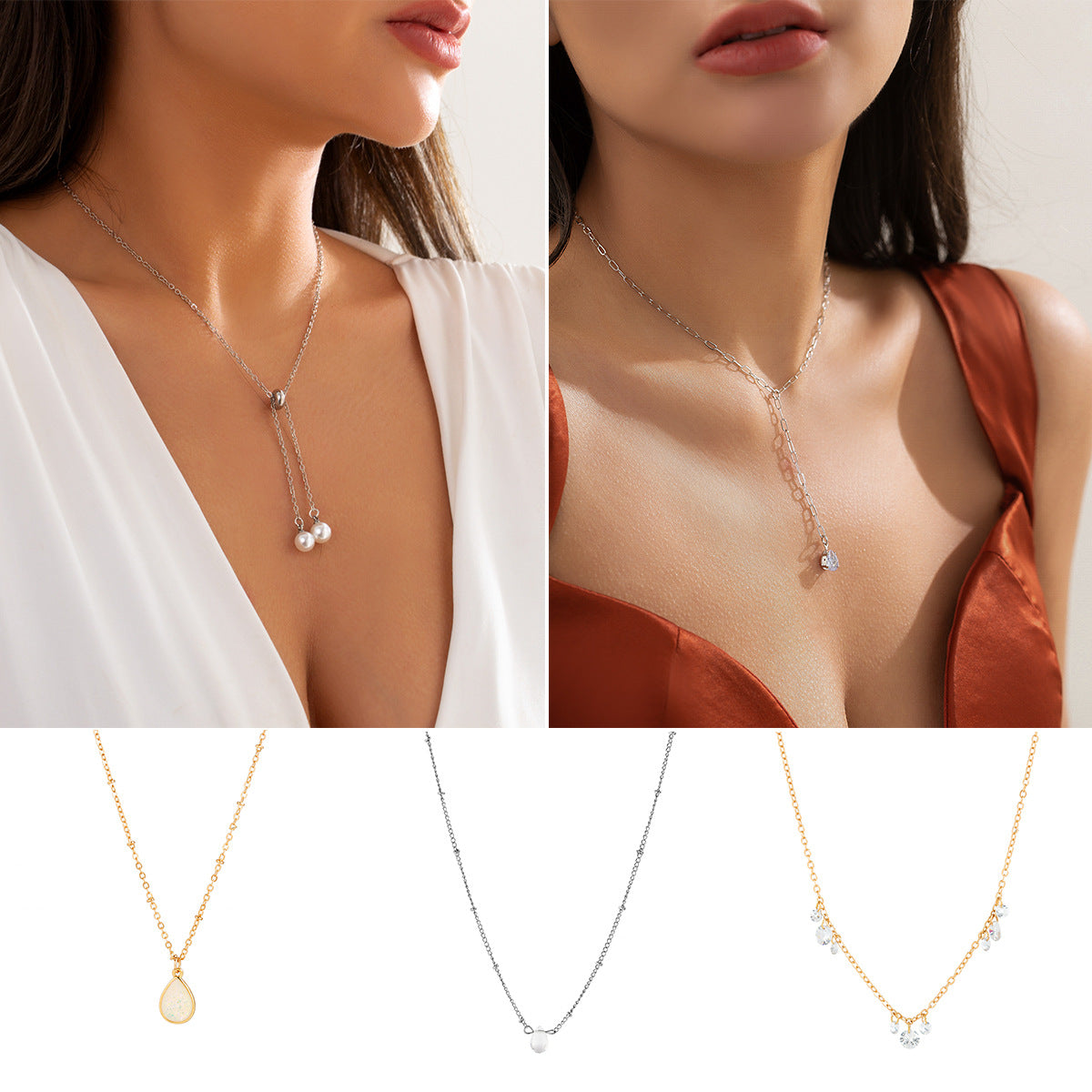Collar con colgante de lágrima de diamantes de imitación con estilo floral rústico, cadena de cobre bañada y detalle de flecos para mujer