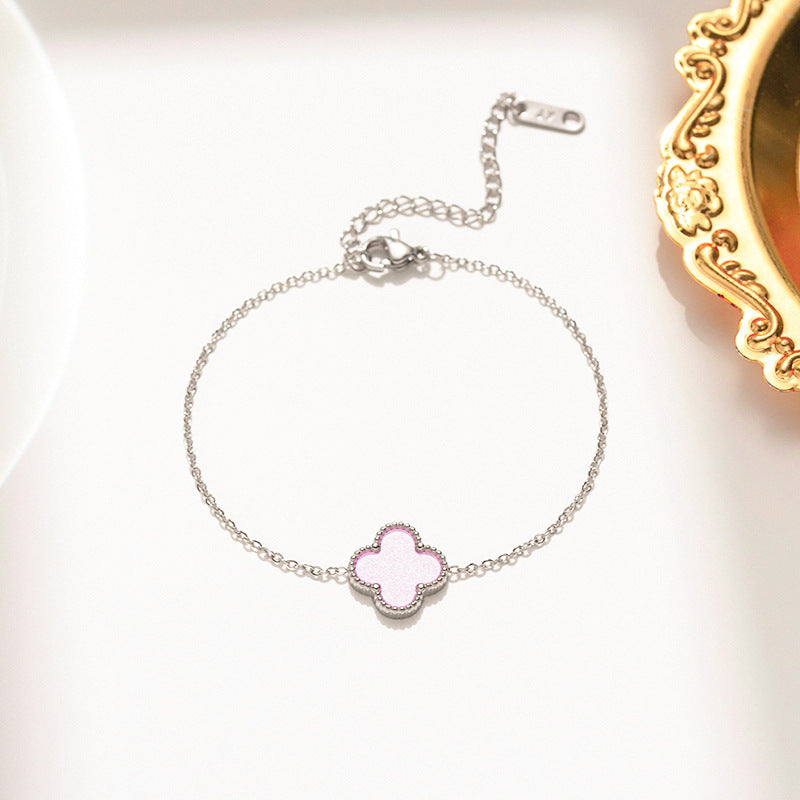 Minimalist Four-Leaf Clover Bracelet in Titanium Steel with Electroplated Finish for Women and Unisex Wear
