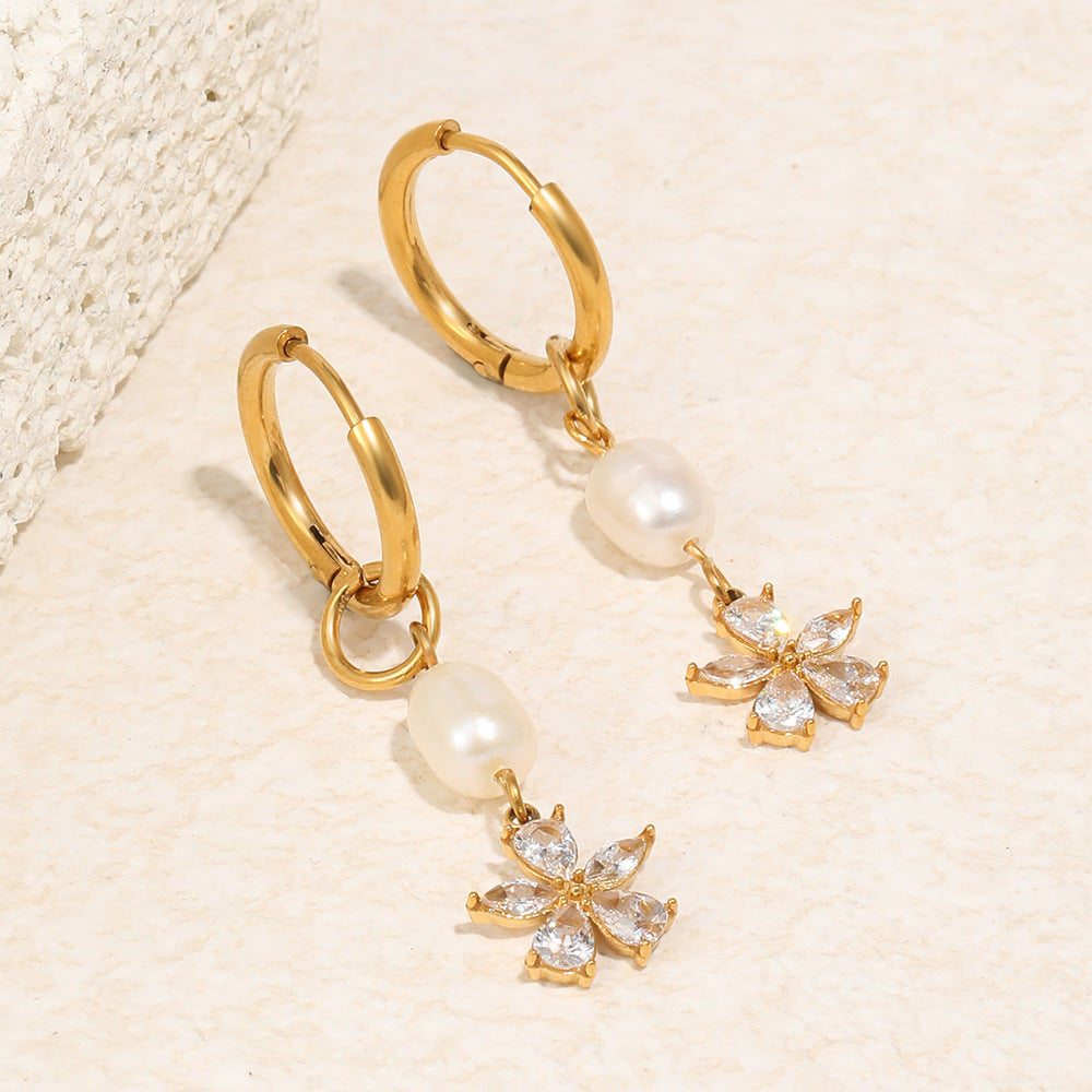 Elegant Luxury 18K Gold Plated Stainless Steel Floral Pearl Tassel Earrings for Women