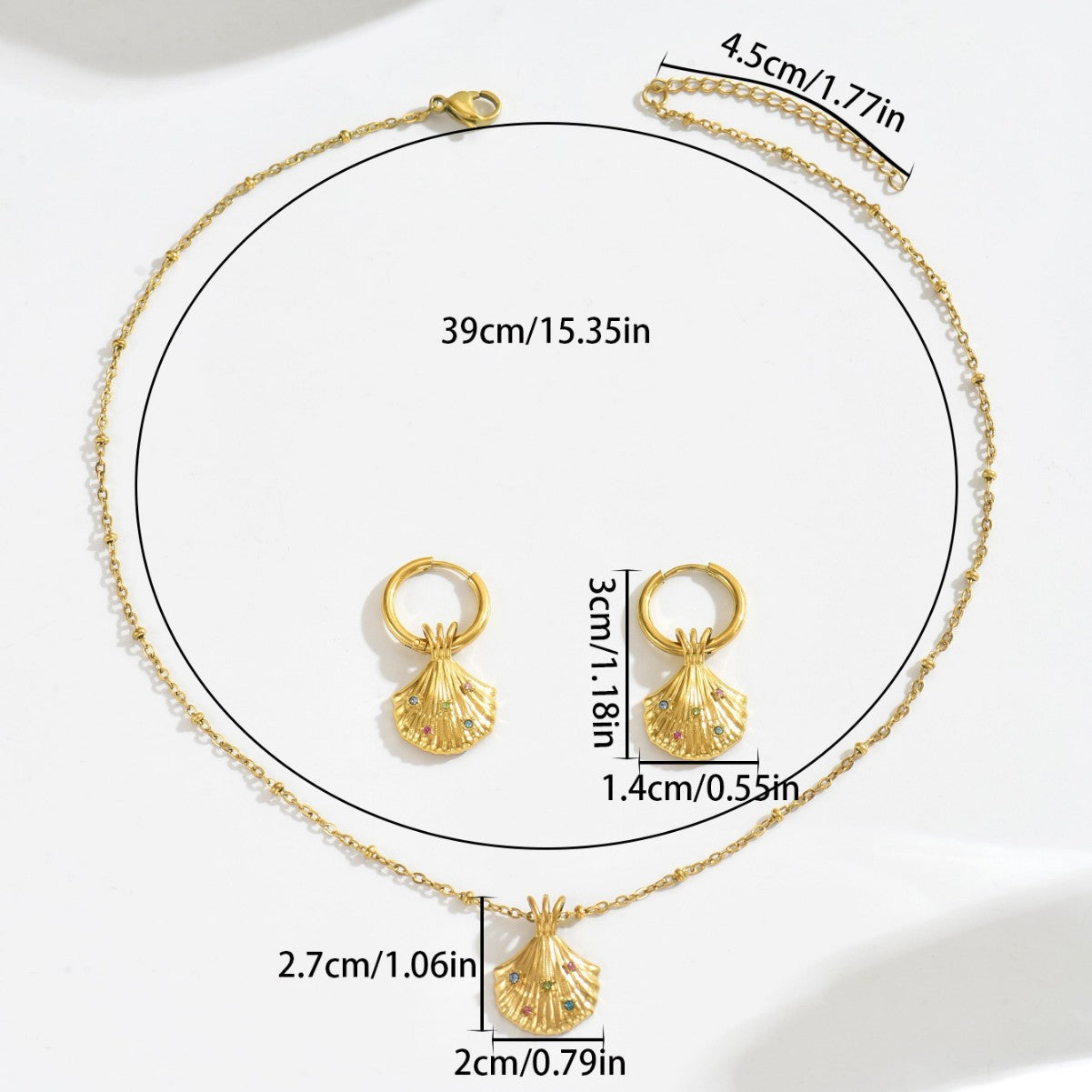 Set di collana e orecchini a pendente con conchiglia minimalista da donna ispirati all'oceano in rame con intarsio di strass