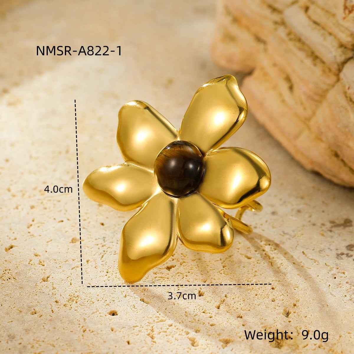 Anillo de acero inoxidable con forma de pétalo irregular de moda con baño de oro de 18 quilates y piedras de colores naturales para mujer