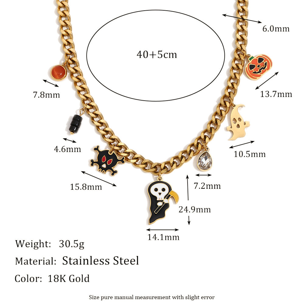 Creative Ghost Pendant Necklace for Women Stainless Steel with 18K Gold Plating Halloween-Themed Cartoon Design on Cuban Chain