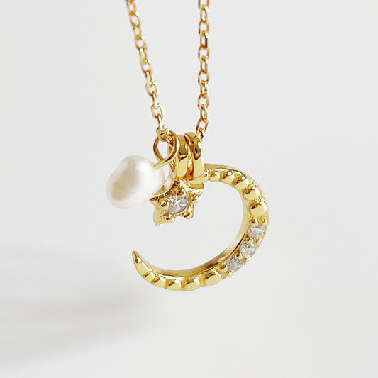 Collana Minimalista Sole Luna Perla Geometrica in Argento Sterling S925 Placcato Oro 18K