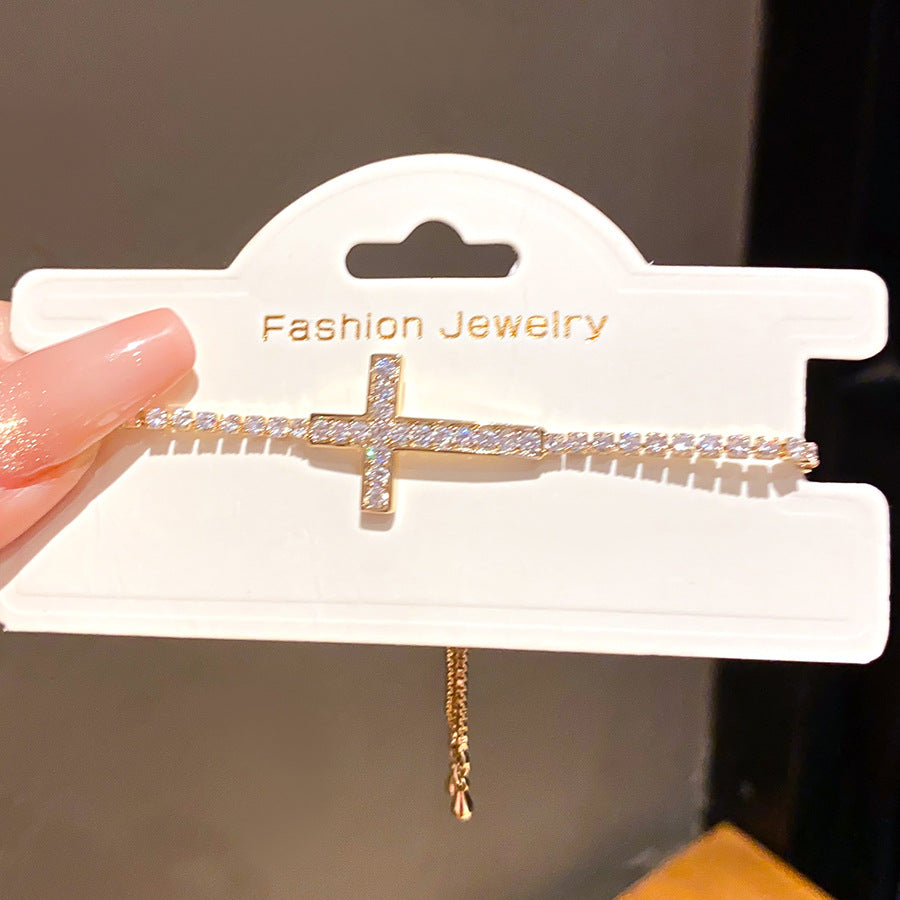 Minimalist Elegant Cross Cubic Zirconia Inlay Brass Bracelet for Women