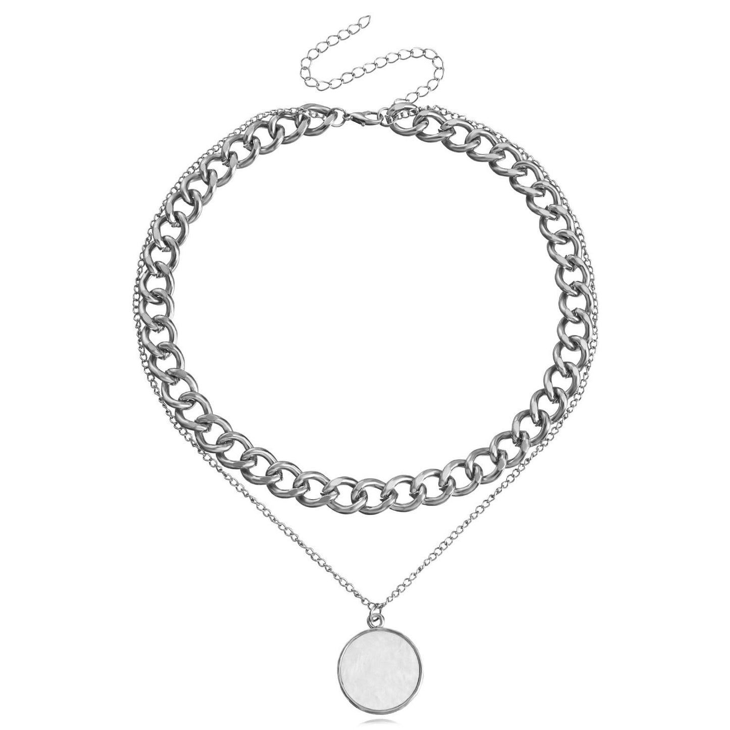 Minimalist Geometric Round Mother-of-Pearl Pendant Necklace for Women with Alloy Chain and Electroplated Finish