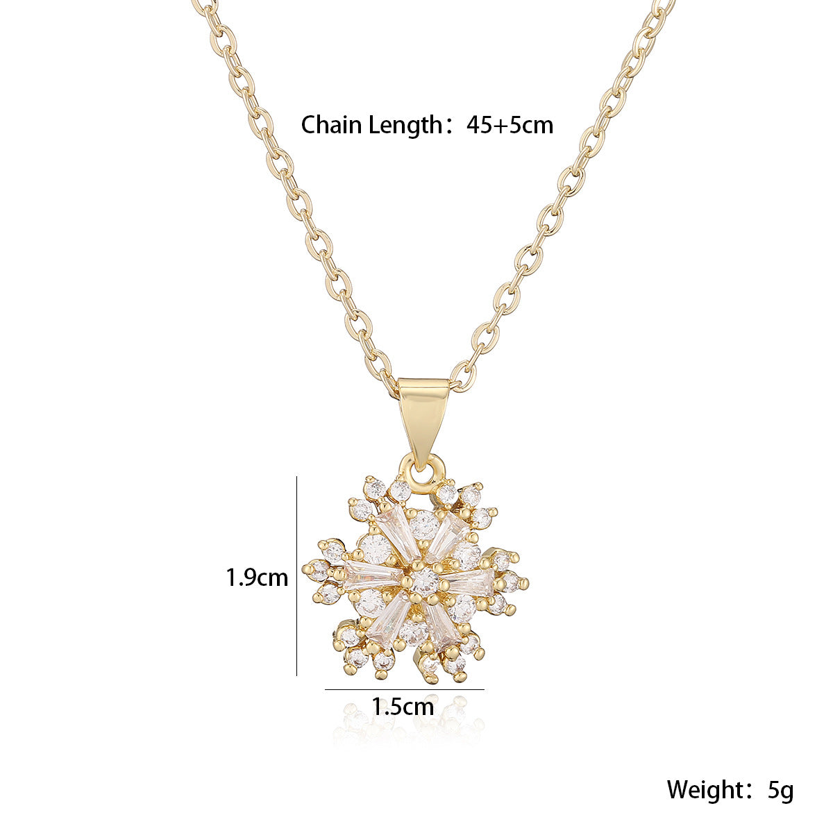 Sweet Minimalist 18K Gold Plated Brass Geometric Snowflake Cubic Zirconia Pendant Necklace for Women
