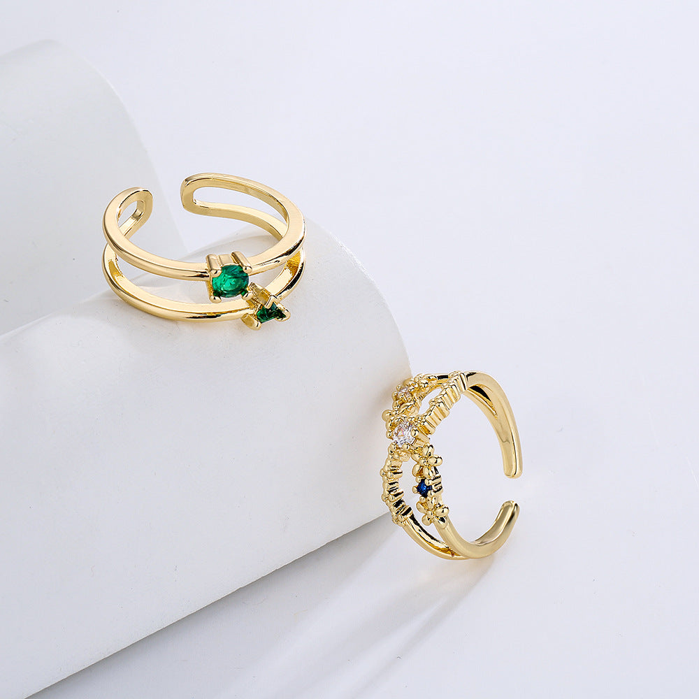 Anello Aperto Geometrico Minimalista da Donna in Rame con Placcatura in Oro Vero e Intarsi in Zircone