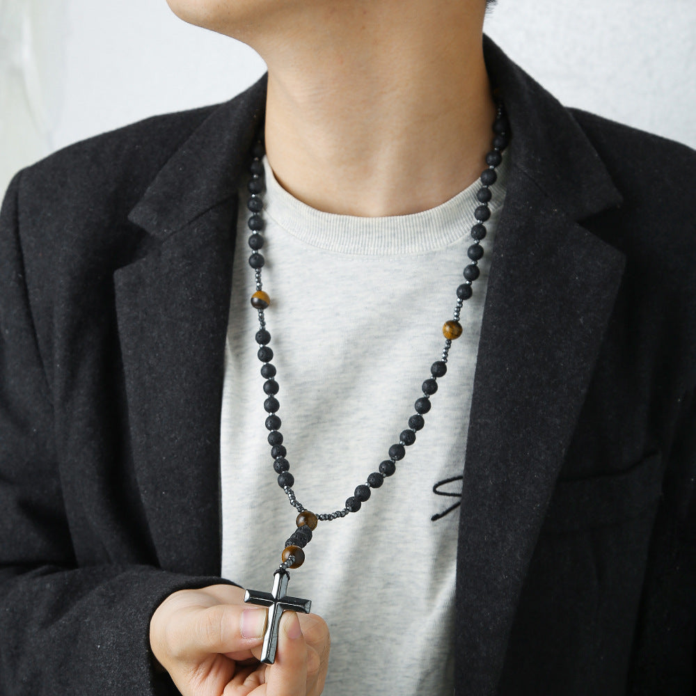 Geometric Cross Tiger's Eye and Black Agate Inlay Alloy Pendant Ball Chain Necklace for Men and Women