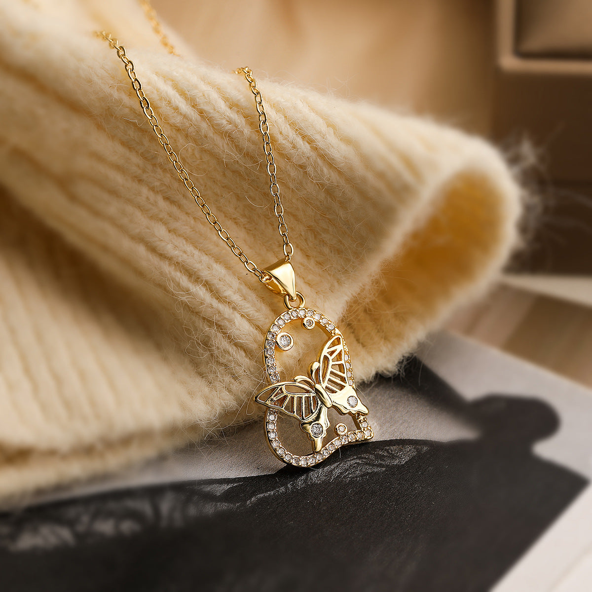 Minimalist Geometric Heart and Butterfly Pendant Necklace for Women in Copper with 18K Gold Plating and Zircon Inlay