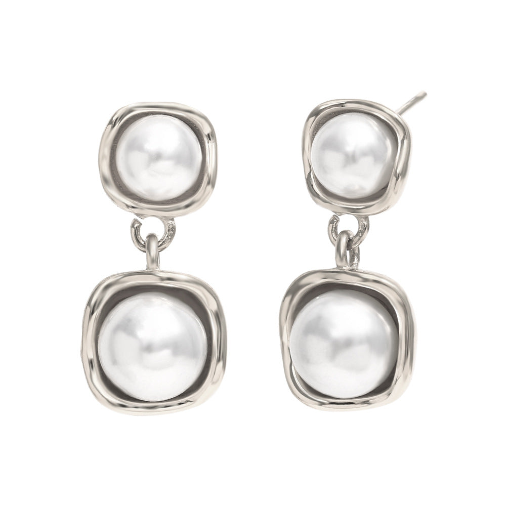 Minimalist Geometric Stainless Steel Earrings with 18K Gold Plating and Mixed-Size Pearls for Women