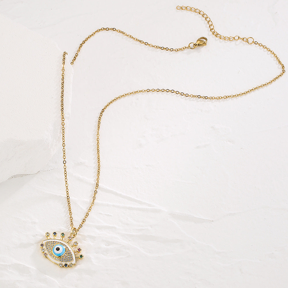 Minimalist Geometric Evil Eye Pendant Necklace for Women with Copper Base and Gold Plating, Enamel Finish and Zircon Inlay