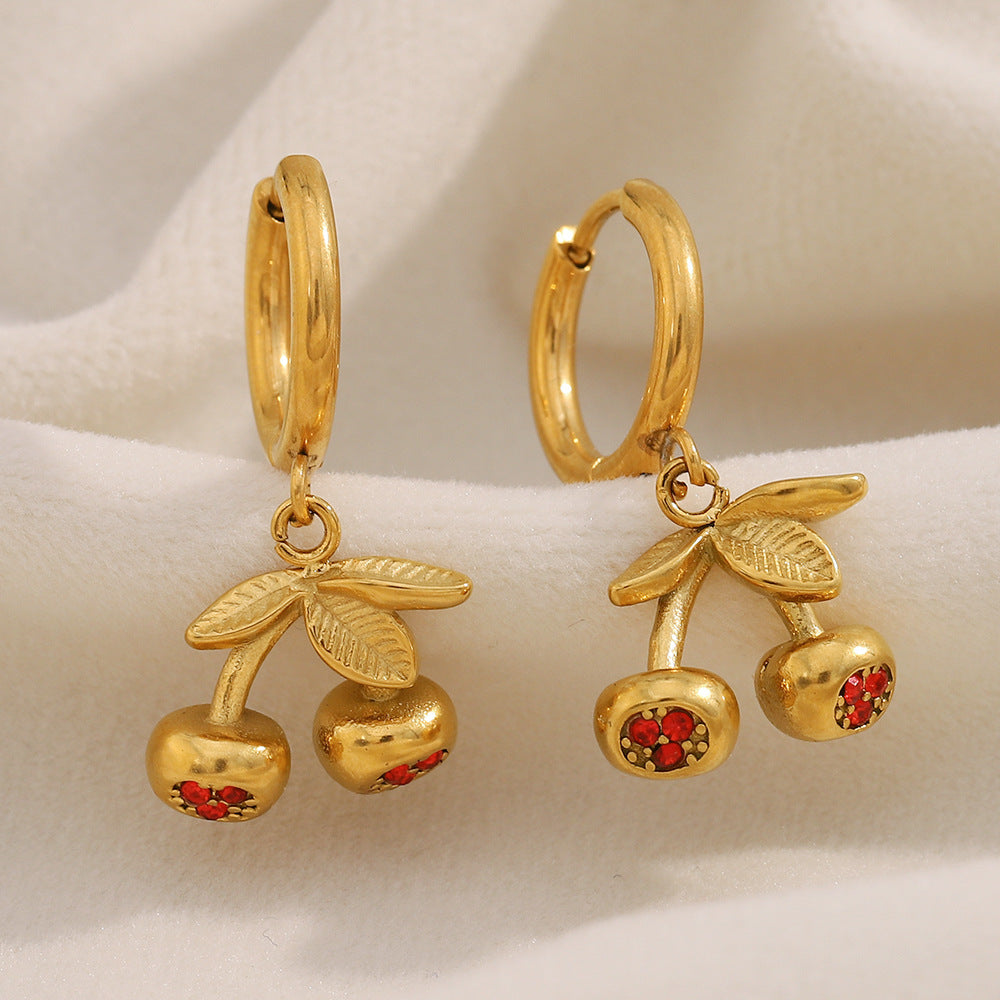 Fashionable Cherry-Shaped Stainless Steel Earrings with 18K Gold Plating and Colorful Rhinestones for Women