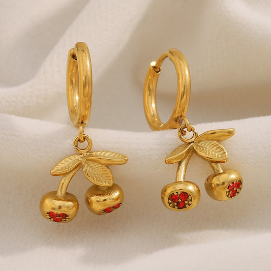 Fashionable Cherry-Shaped Stainless Steel Earrings with 18K Gold Plating and Colorful Rhinestones for Women