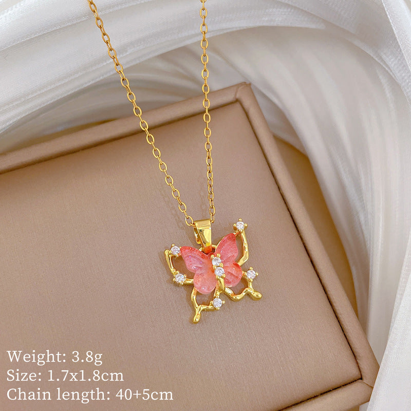 Sweet Minimalist Animal Shape Micro-Inlaid Cubic Zirconia Brass Pendant Titanium Steel Necklace for Unisex