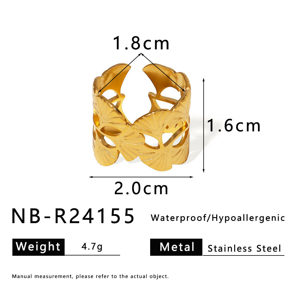Minimalist Ginkgo Leaf Ring in Stainless Steel with 18K Gold Plating, Hollow-Out Geometric Design for Unisex Everyday Wear