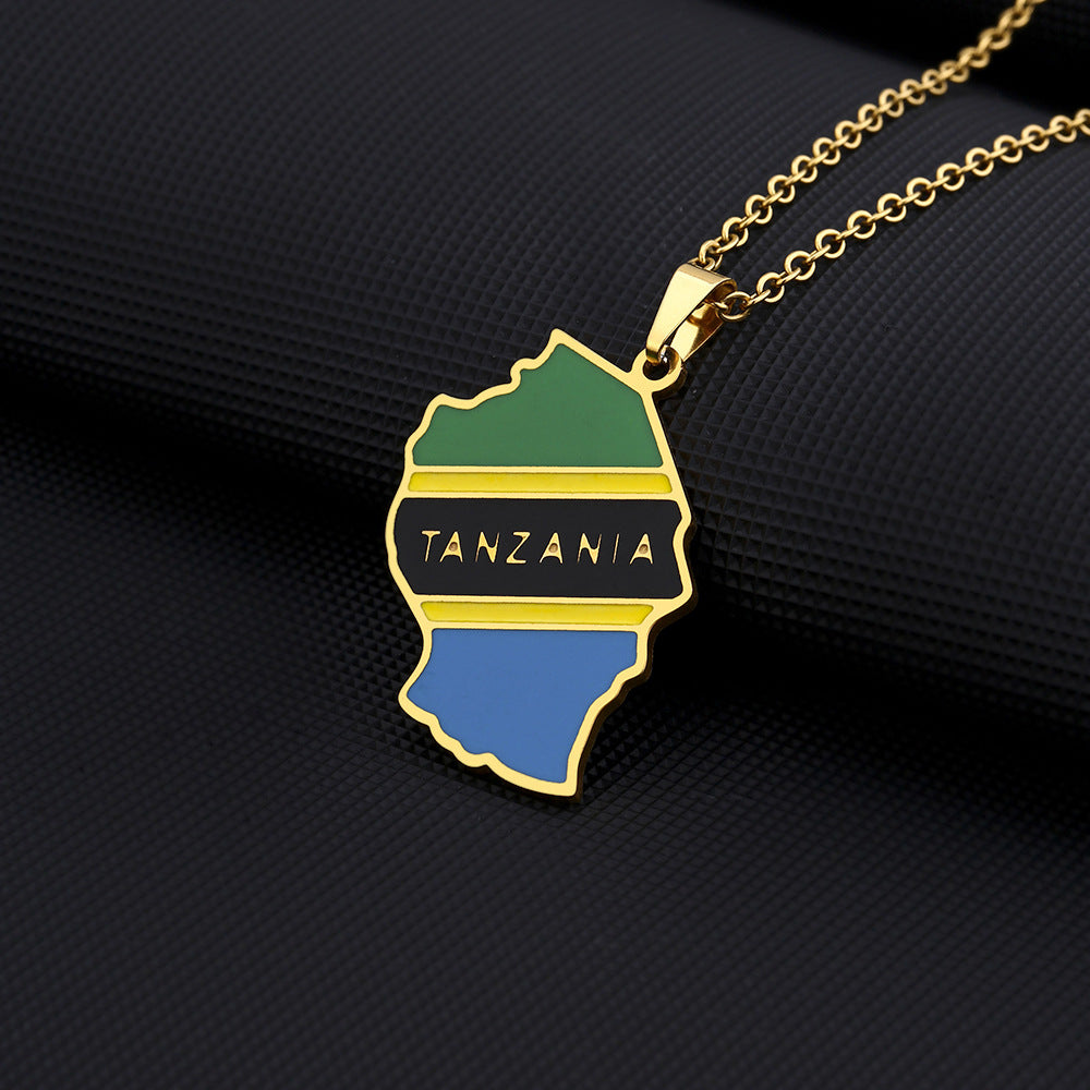 Collar con colgante de mapa de Tanzania y bandera, diseño geométrico étnico, de acero inoxidable con acabado chapado, unisex