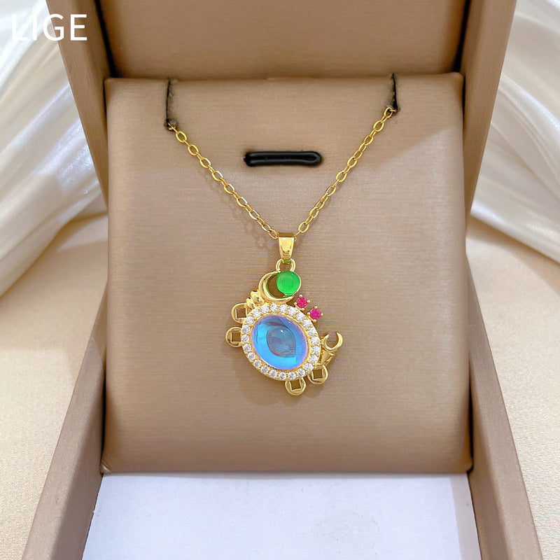 Sweet Gradient Animal Rhinestone Pendant Necklace Titanium Steel Chain for Unisex