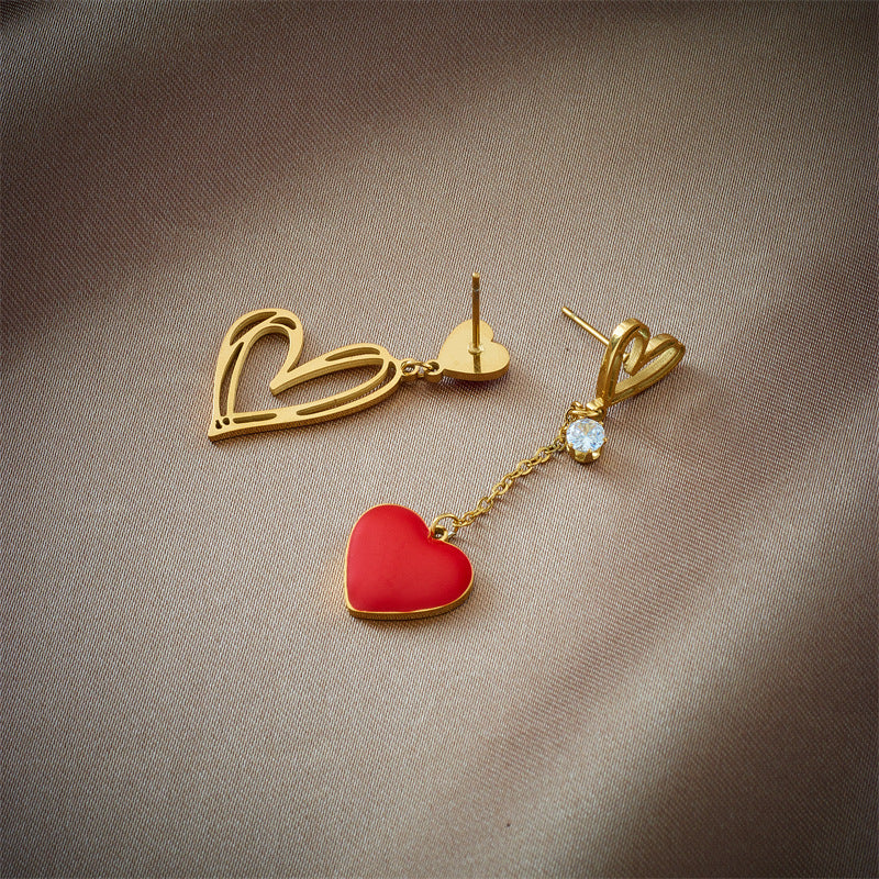 Asymmetrical Hollow Heart Titanium Steel Dangle Earrings for Women with Plated Finish