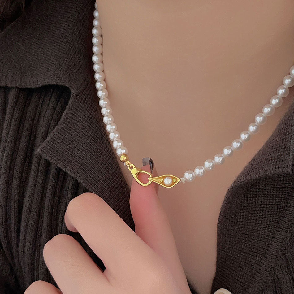 Minimalist French Style Round Pearl Pendant Necklace in 925 Sterling Silver with Rhinestone Accents