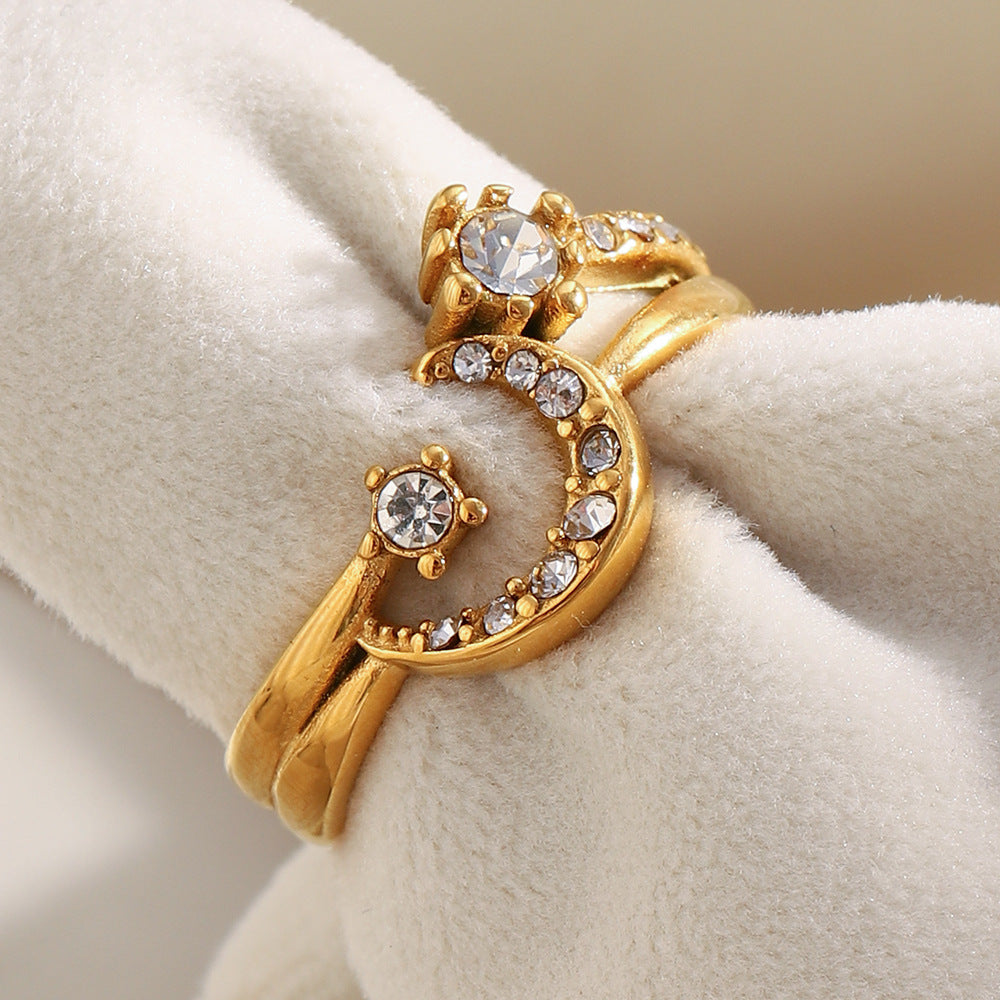 Anello geometrico minimalista in acciaio inossidabile placcato oro 18 carati con luna in strass da donna