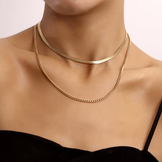 Minimalist Double-Layer Snake Chain Necklace for Women with Geometric Design and Plated Metal Finish