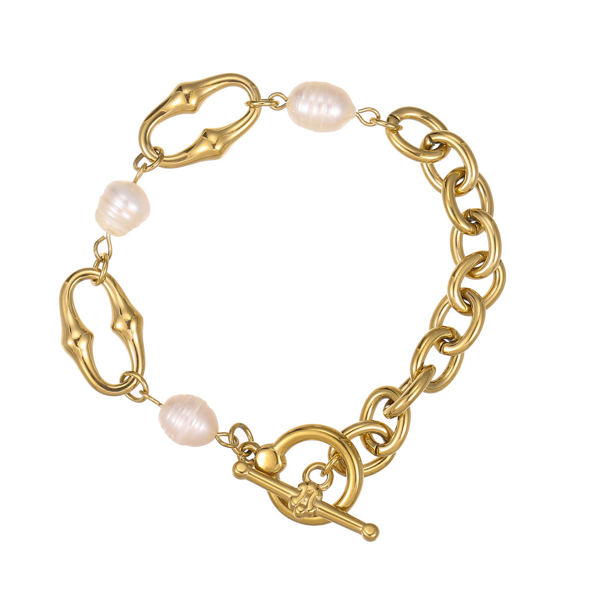 Bracciale Geometrico alla Moda in Acciaio al Titanio con Placcatura in Oro 18K e Intarsio di Perle da Donna