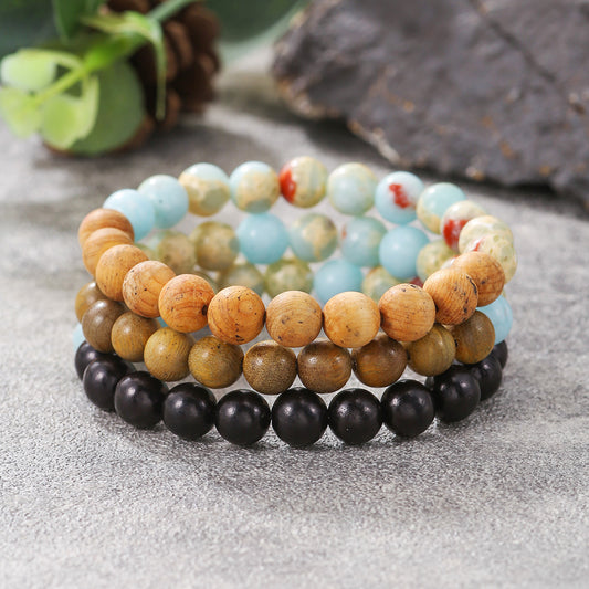 Vintage Ethnic Minimalist Round Geometric Wood and Agate Bracelet for Men and Women