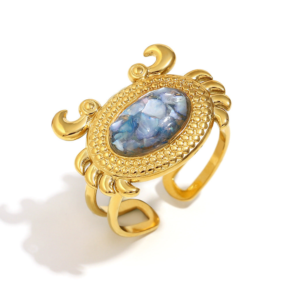 Fashion Geometric Stainless Steel Ring with 18K Gold Plating Featuring Crossed Lines Fishbone Floral Crab and Turtle Motifs