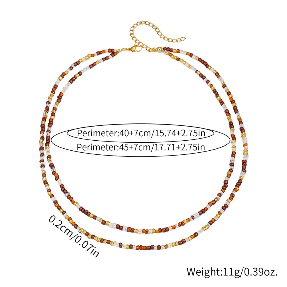 Casual Geometric Round Glass Beaded Ball Chain Necklace Handmade Double Layer