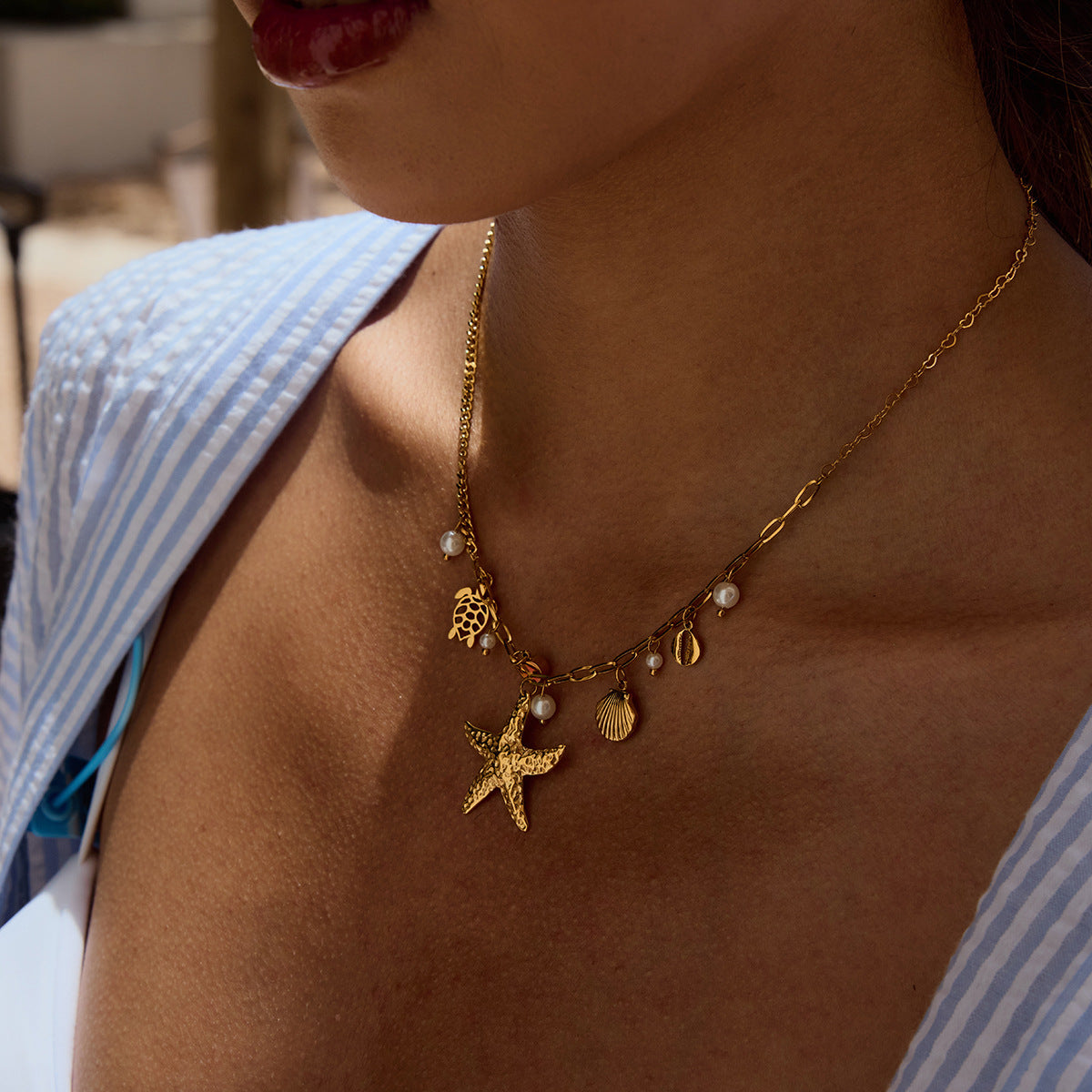 Geometric Starfish Pendant Necklace in Titanium Steel with Electroplated Finish for Women