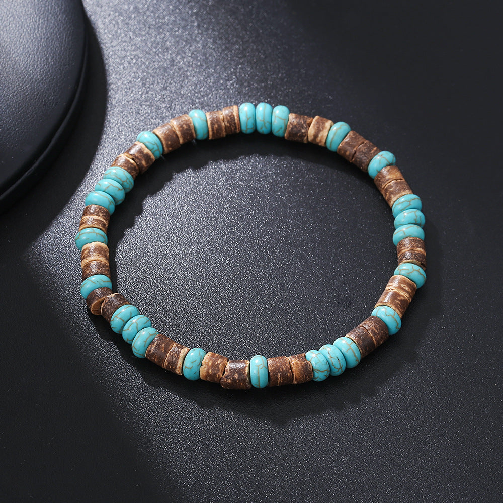 Hip-hop Wood Turquoise Cross Bracelet Handmade Beaded Elastic Band
