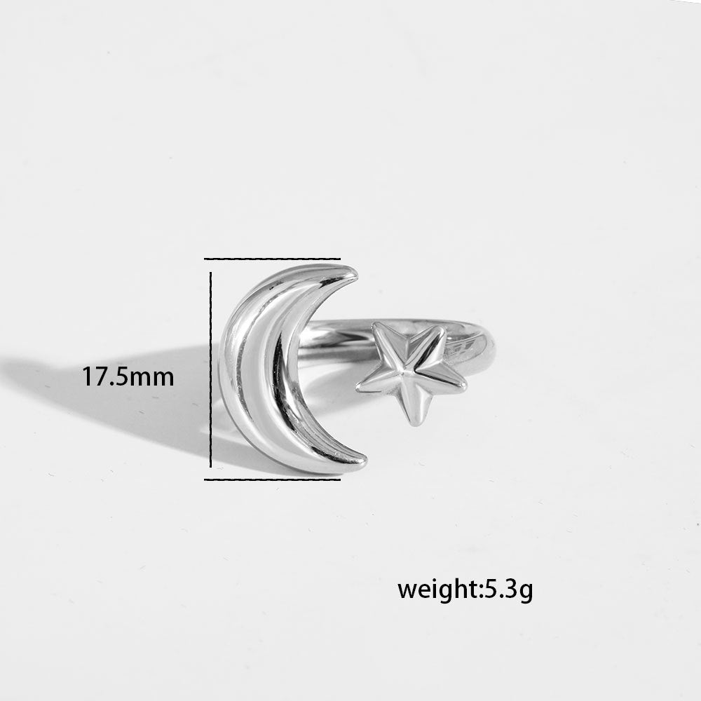 Anello Aperto Regolabile a Stella e Luna Geometrico Minimalista con Finitura Placcata in Acciaio Inossidabile 304 per Unisex