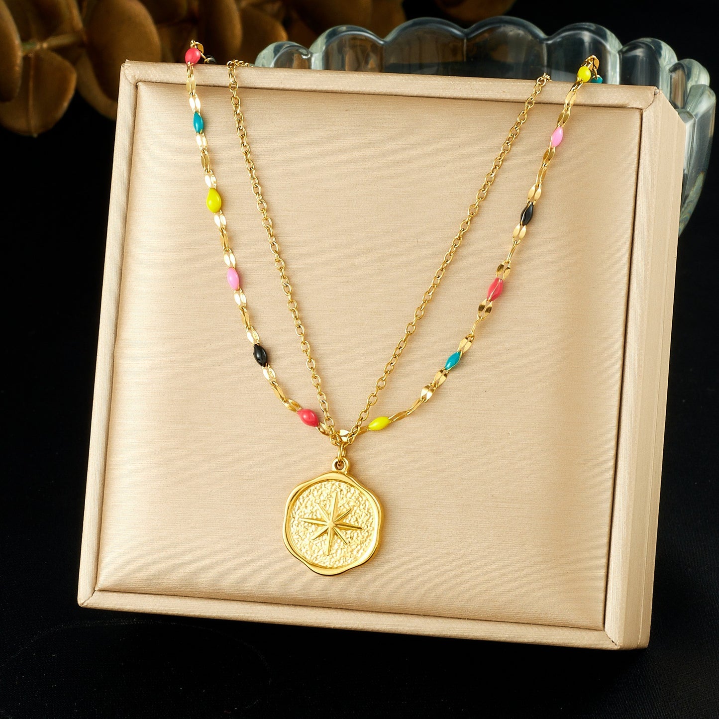 Minimalist Double Layer Colorful Drip Oil Eight-Pointed Star Round Stainless Steel Necklace for Women