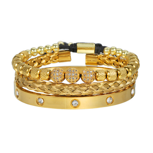 Geometric Round Stainless Steel Plated Bracelet Set with Cubic Zirconia Beads and Roman Numerals for Men and Women