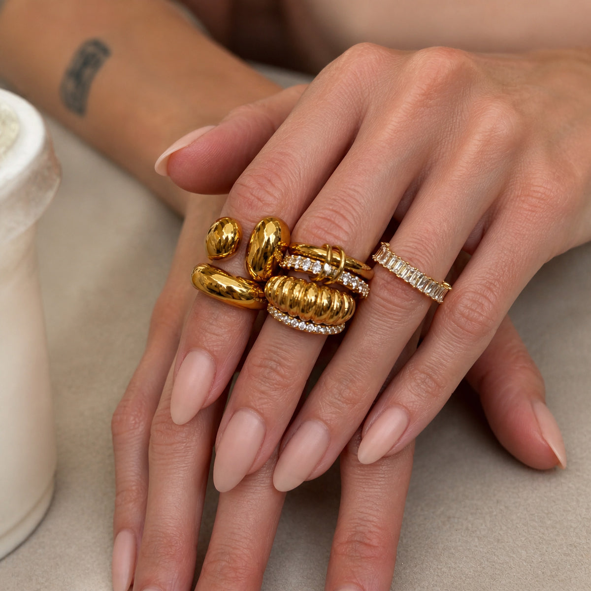Luxury Minimalist 18K Gold Plated Stainless Steel Rhinestone Inlaid Geometric Open Ring for Women