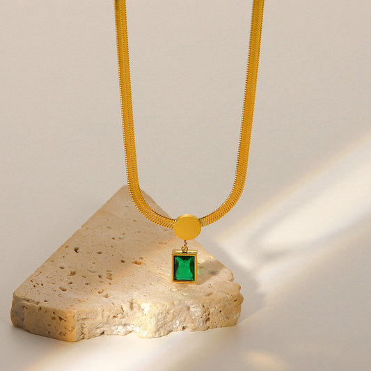 Vintage 18K Gold Plated Stainless Steel Necklace Green Square Zircon Geometric Pendant Snake Chain for Women