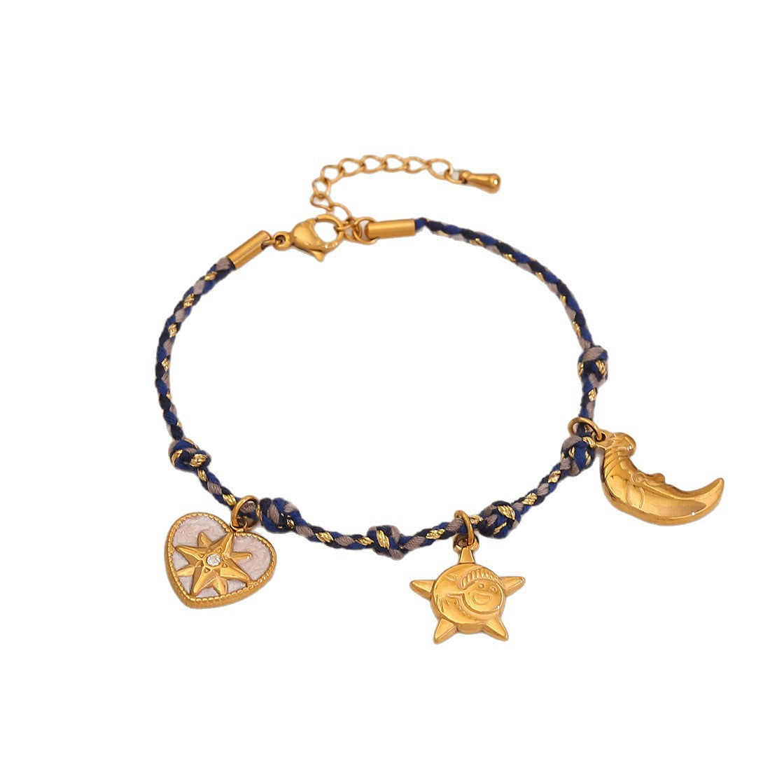 Braccialetto da donna intrecciato fatto a mano minimalista con sole, luna e stelle in acciaio inossidabile con ciondolo a cuore