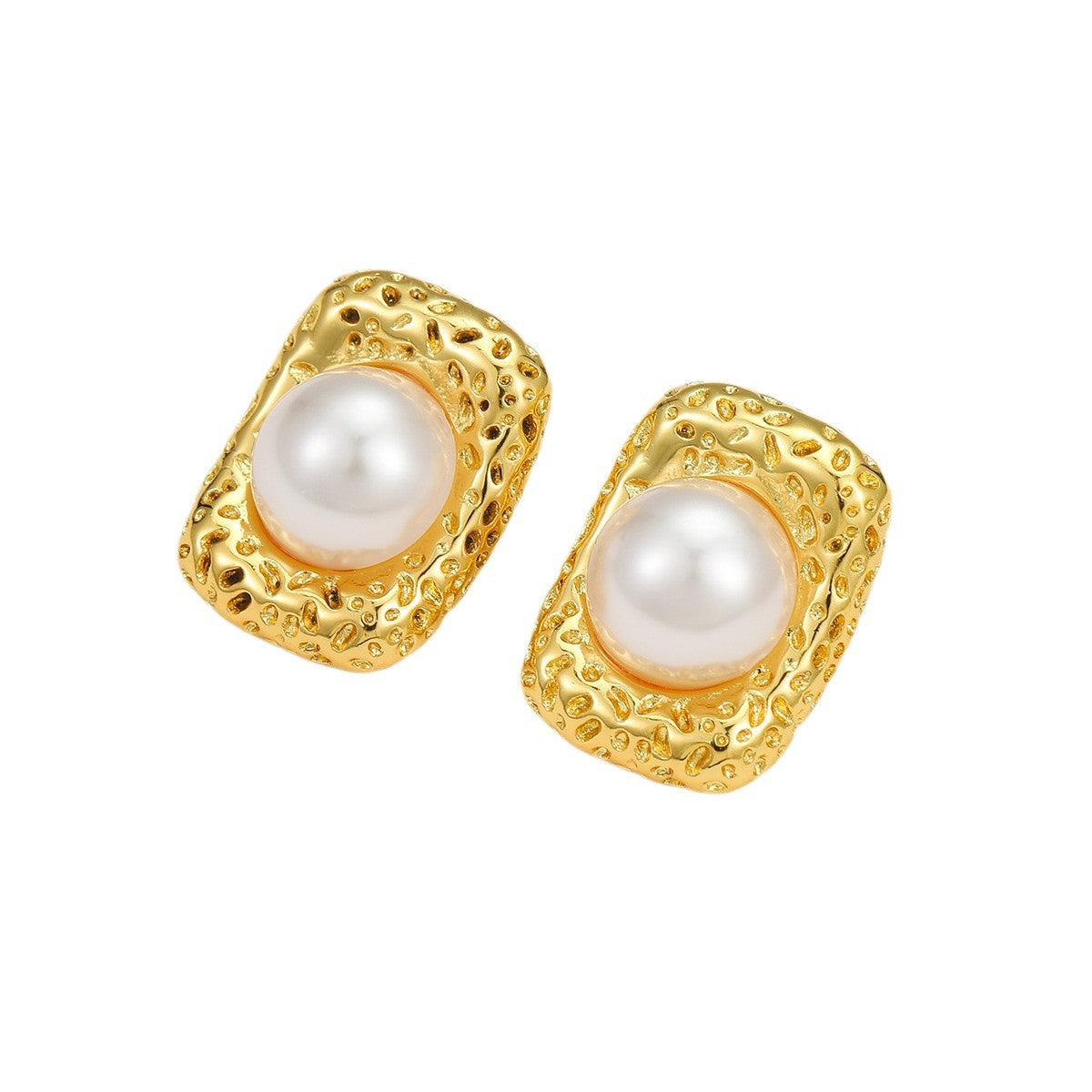 Vintage Style Square Hammered Titanium Steel Earrings with 18K Gold Plating and Pearl Inlay
