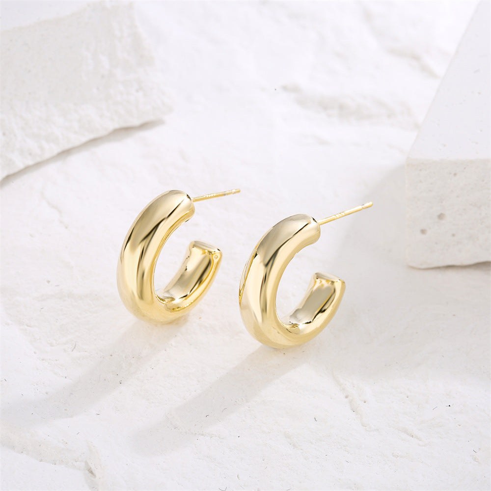Minimalist 14K Gold Plated Geometric Half-Round Brass Earrings with 925 Sterling Silver Posts for Women