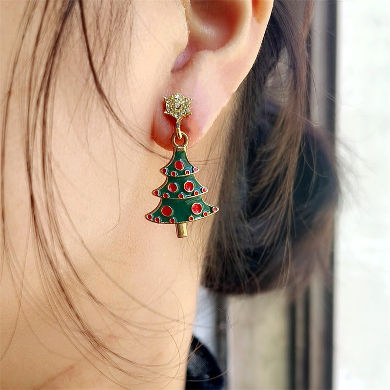 Pendientes de estrella de árbol de Navidad rosados de moda para mujer, aretes geométricos chapados en aleación con temática festiva de vacaciones