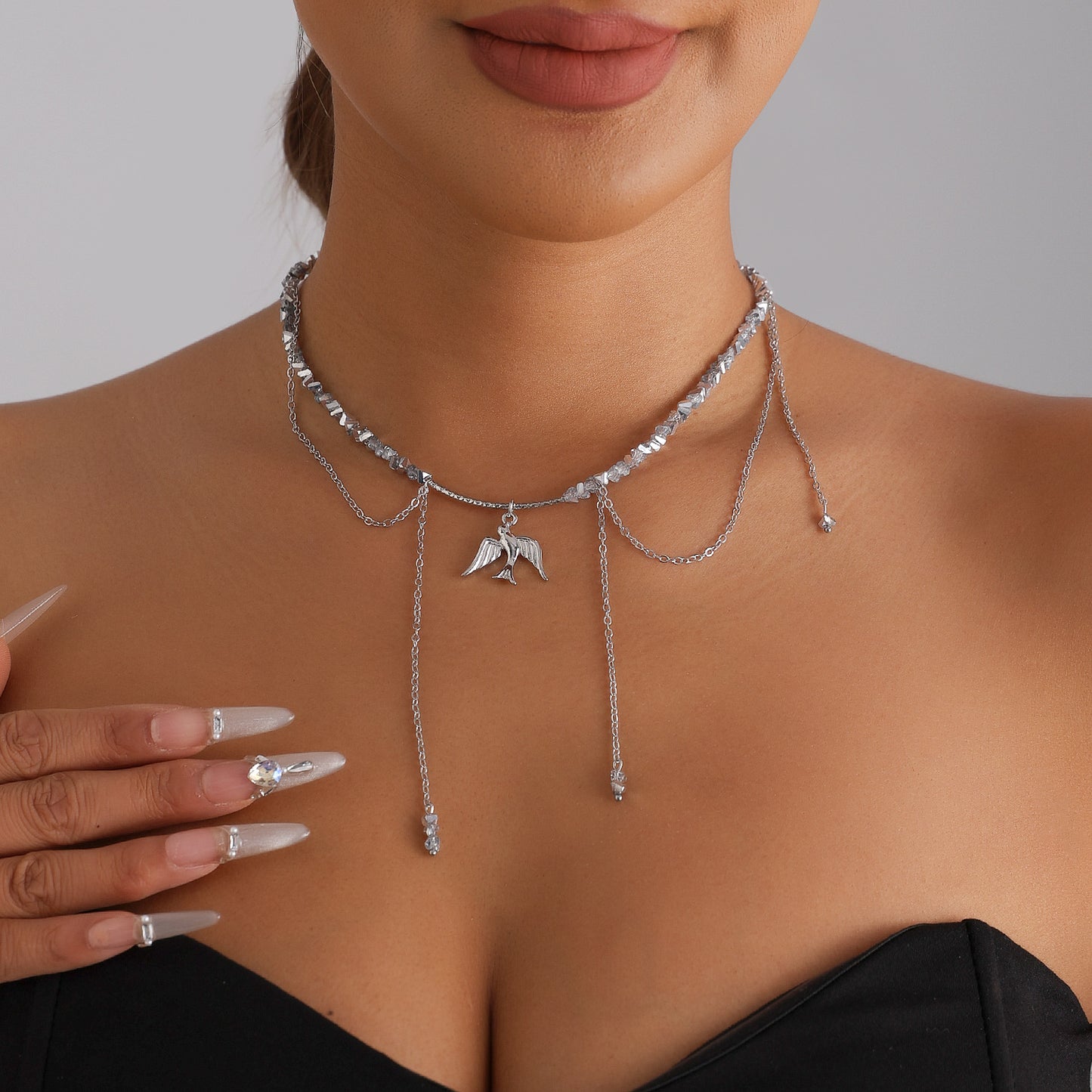 Fashion Faceted Triangle Crystal Bird Tassel Alloy Necklace for Women
