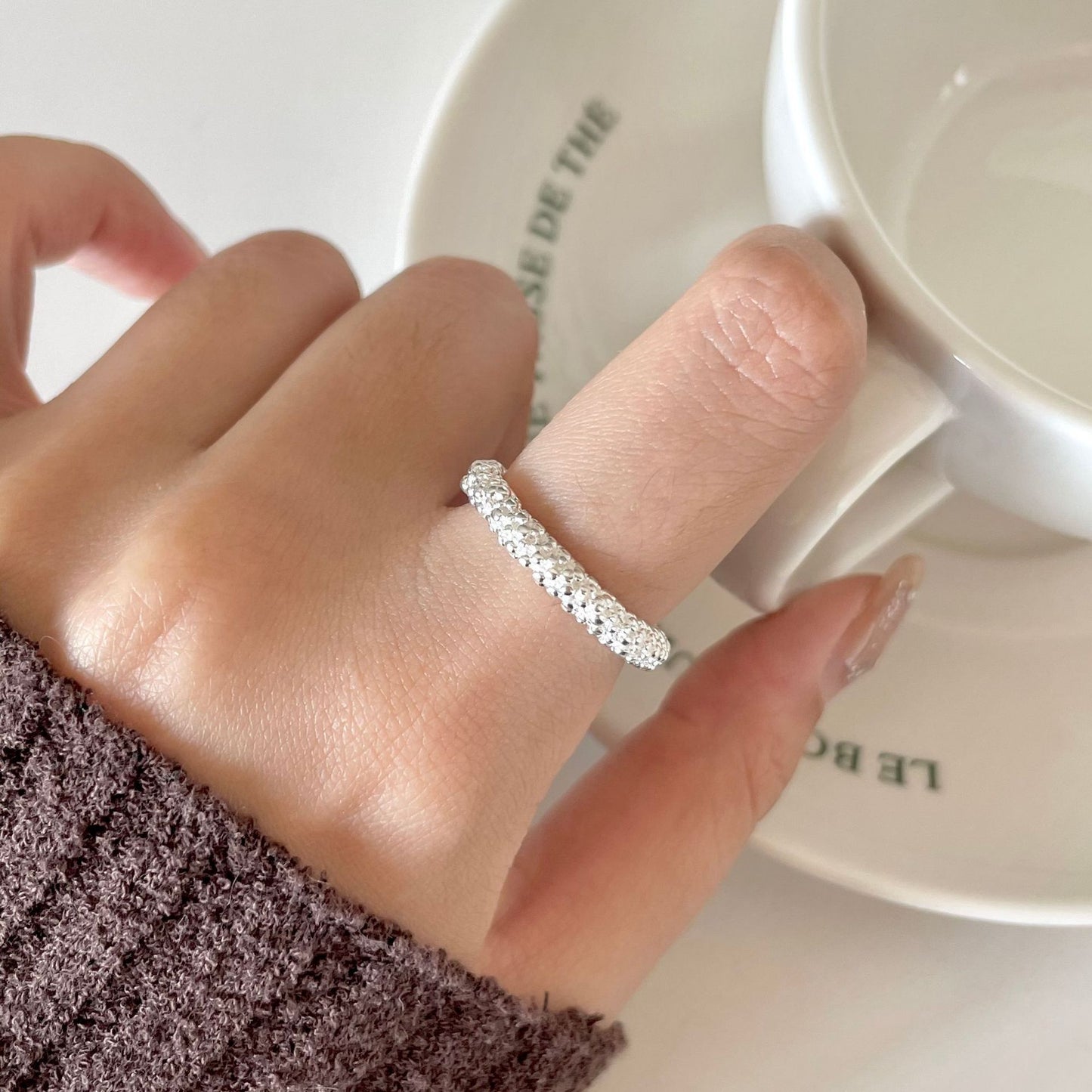 Simple Textured Geometric Heart-Shaped 925 Sterling Silver Ring for Women