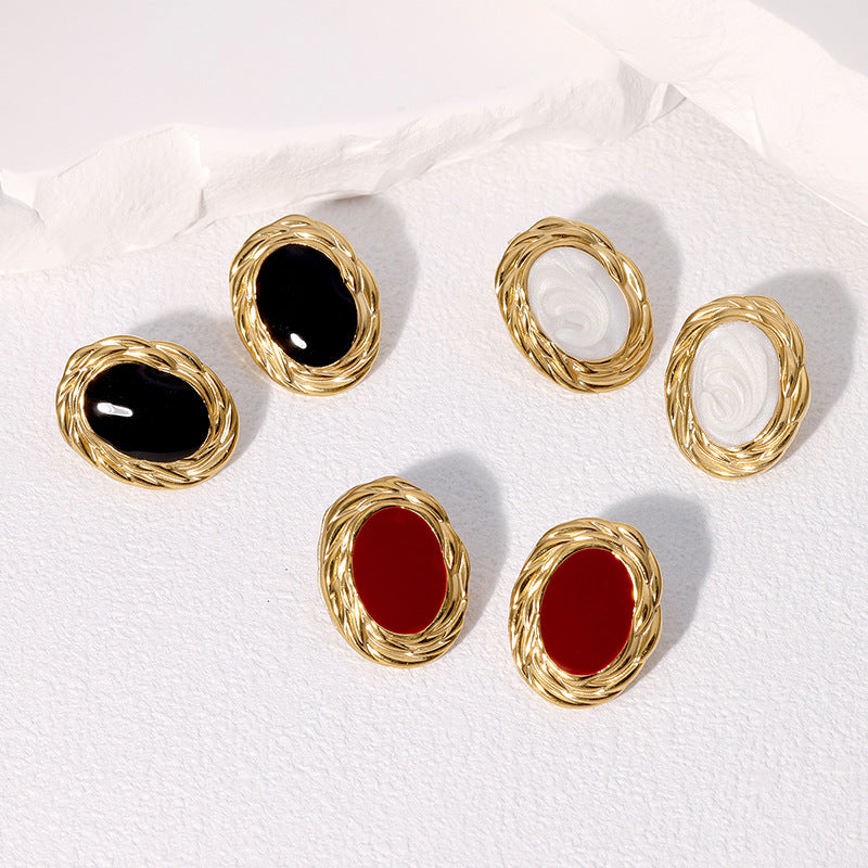 Vintage Minimalist Geometric Oval Earrings 18K Gold Plated Stainless Steel Studs for Women