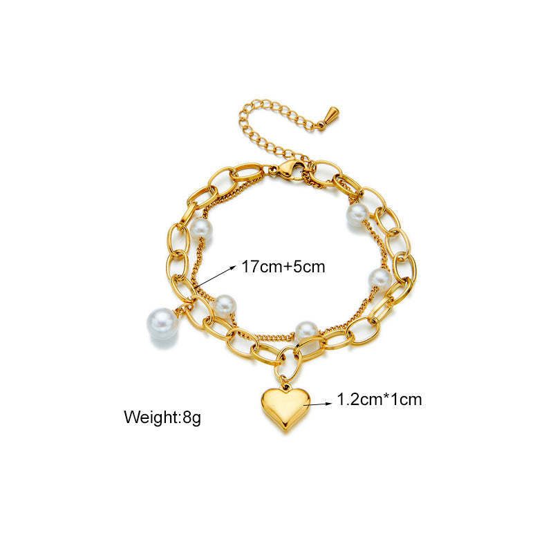 Minimalist Retro French-Style Stainless Steel Heart Pendant Multi-Layer Chain Bracelet with Plated Finish