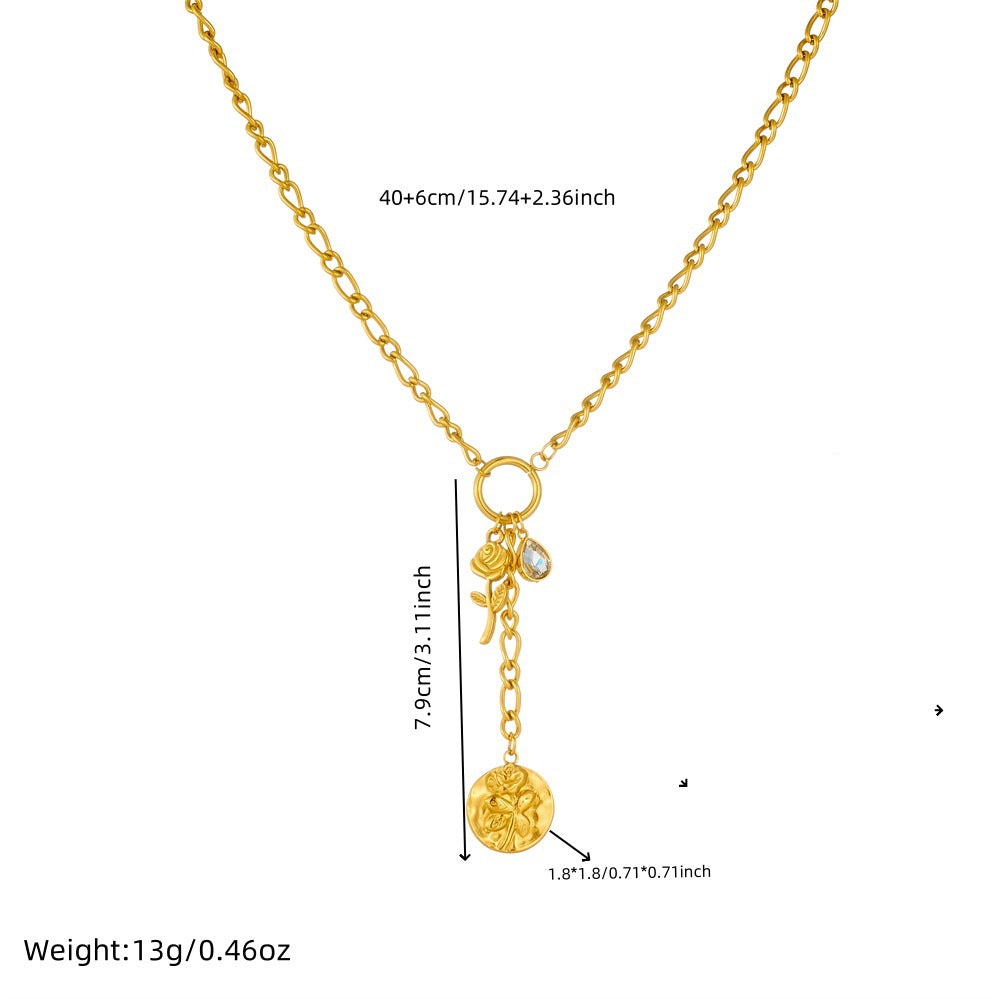 Fashion Stainless Steel Plated Long Tassel Necklace with Heart Floral Round Moon Sun Teardrop Shapes and Rhinestone Accents for Women