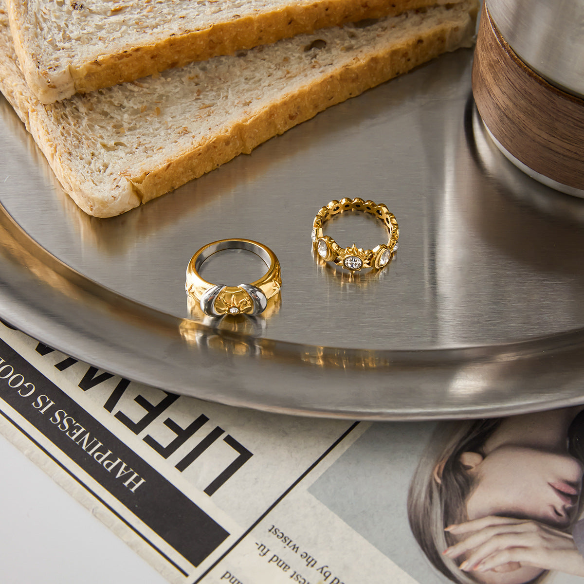 Anillo de Acero de Titanio Geométrico con Incrustaciones de Circonita, Enchapado para Mujer, Joyería Minimalista de Lujo y Moda