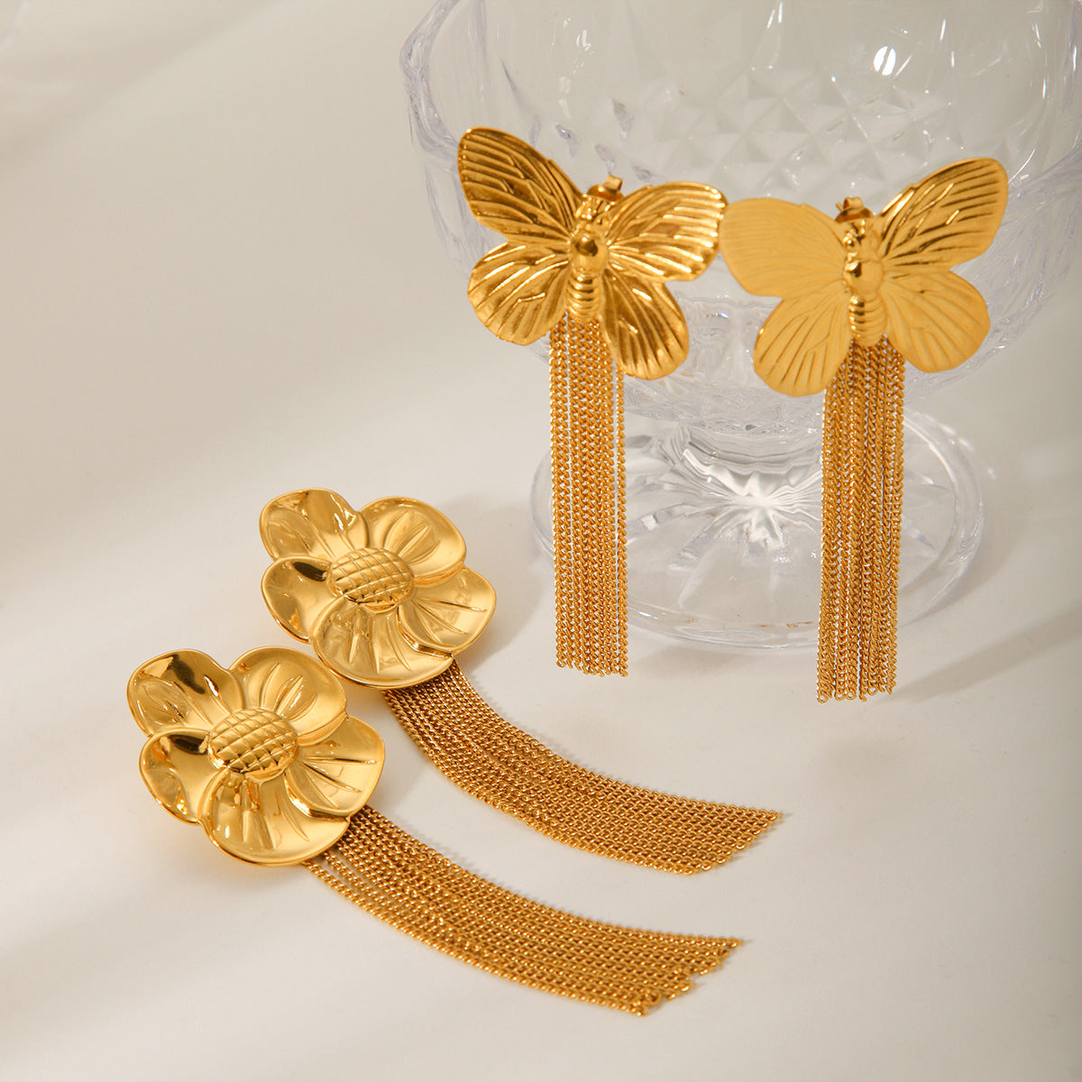 Minimalist Sunflower and Butterfly Dangle Earrings for Women in Stainless Steel with Plated Finish
