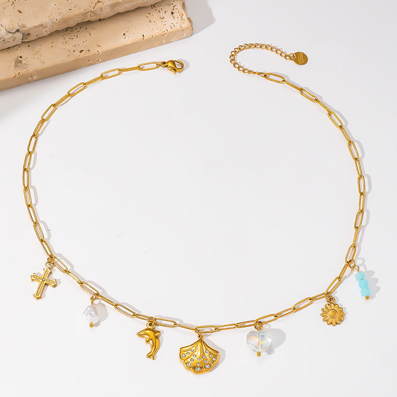 Vintage Gold Plated Heart Dolphin Pendant Stainless Steel Necklace with Rhinestone and Pearl for Women