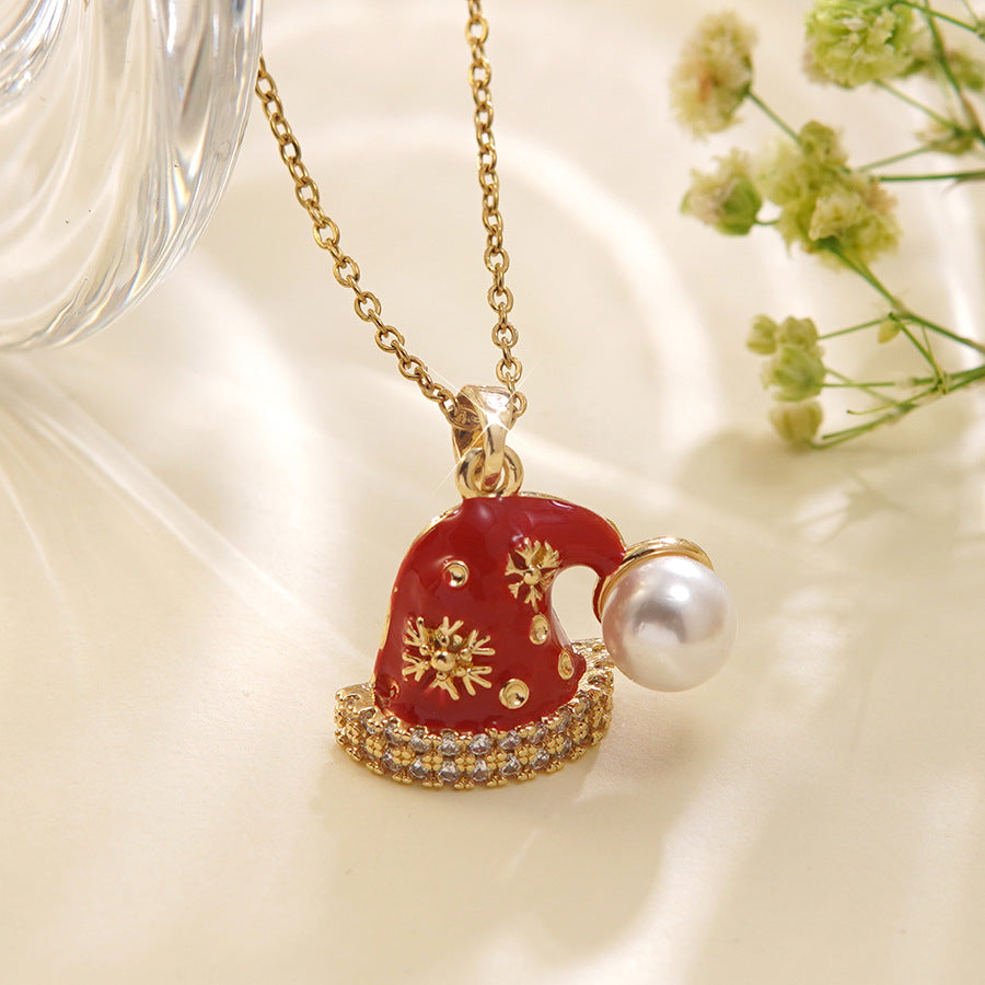 Luxury Stainless Steel Christmas Tree Snowman Bow Necklace with Glass Inlay Brass Pendant for Women